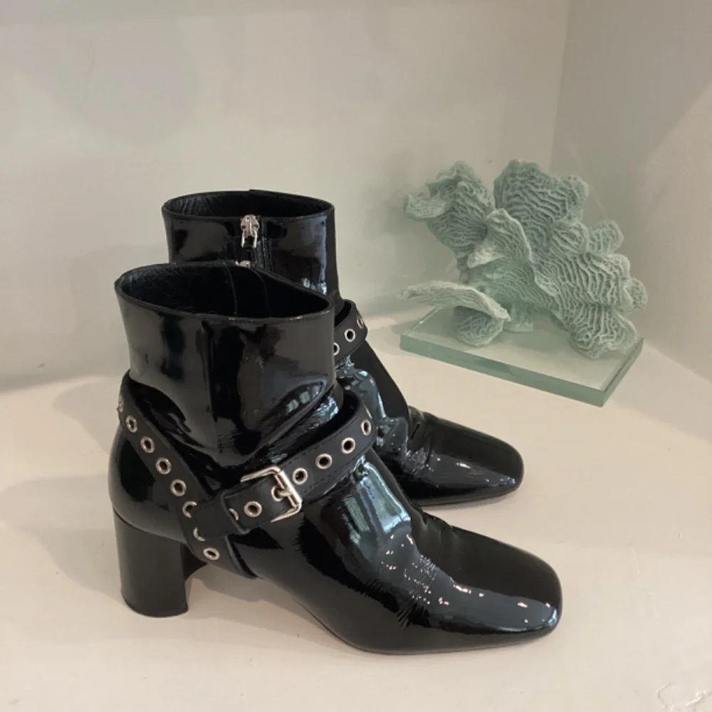 MIU MIU Eyelet Embellished Patent Leather Ankle Boots Black Size 37.5 7